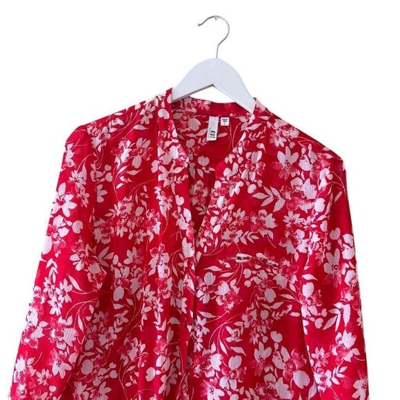 Kut From The Kloth Red White Floral Sheer Lightweight Down Rolling SZ L #2457 - Picture 2 of 12